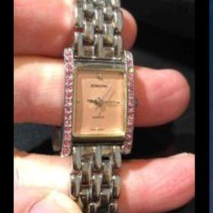 Rumours Silver Bracelet Watch With Pink Rhinestones Around The Face. Runs Great.